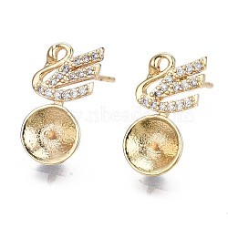 Brass Micro Pave Clear Cubic Zirconia Stud Earring Findings, for Half Drilled Bead, Swan, Real 18K Gold Plated, 15x8mm, Pin: 0.7mm, pin: 1.0mm(for Half Drilled Bead).(KK-Q764-034A)