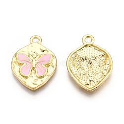 Rack Plating Alloy Enamel Pendants, Cadmium Free & Nickel Free & Lead Free, Light Gold, Oval with Butterfly Charm, Pearl Pink, 24x18x3mm, Hole: 2.2mm(PALLOY-T077-209C)