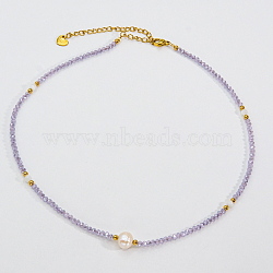 Summer Faceted Glass & Imitation Pearl Stainless Steel Beaded Necklaces for Women, Purple, 14.57 inch(37cm)(JT8933-2)