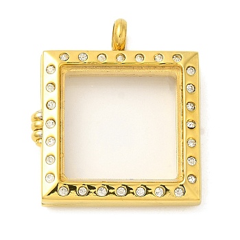 Glass Interface, 304 Stainless Steel Locket Pendants, with 201 Stainless Steel Pendant Bails and Rhinestone, Square, Golden, 31x27x6mm, Hole: 4mm