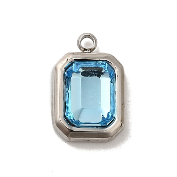 304 Stainless Steel Glass Pendants, Rectangle Charms, Stainless Steel Color, Aqua, 13.5x9x5mm, Hole: 1.4mm