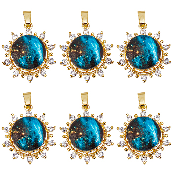 6Pcs Brass Micro Pave Clear Cubic Zirconia Pendants, with Glass, Flower with Starry Sky Pattern Charms, Real 18K Gold Plated, 21x19x9.7mm, Hole: 2.5x3mm