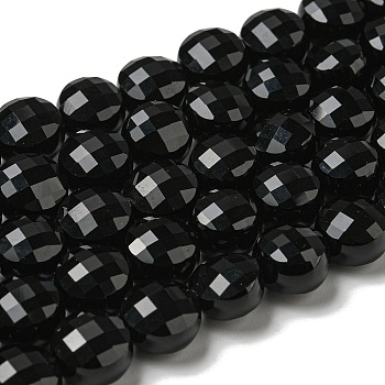 Natural Black Onyx(Dyed & Heated) Beads Strands, Faceted, Flat Round, 10x7~7.5mm, Hole: 1.2mm, about 38pcs/strand, 14.92''(37.9cm)