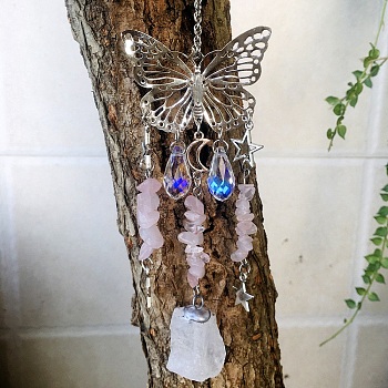 Metal Hollow Butterfly Hanging Ornaments, Natural Rose Quartz Chip and Glass Teardrop Tassel Suncatchers for Home Outdoor Decoration, 210~230mm