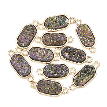 Plating AB Natural Druzy Agate Links connectors, with Brass Findings, Dyed, Oval, Golden, Colorful, 22x9x3~4mm, Hole: 2mm