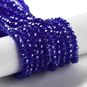 Electroplate Transparent Glass Beads Strands, Faceted(32 Facets), Round, Pearl Luster Plated, Medium Blue, 3mm, Hole: 0.8mm, about 164~166pcs/strand, 19.69~19.88 inch(50~50.5cm)