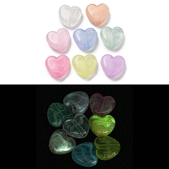 Luminous Transparent Acrylic Beads, with Glitter Powder, Glow in the Dark Beads, Heart, Mixed Color, 15x16.5x6.5mm, Hole: 2.5mm, 462pcs/500g