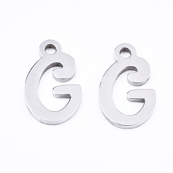 201 Stainless Steel Charms, Laser Cut, Alphabet, Stainless Steel Color, Letter.G, 12x7x1mm, Hole: 1.4mm