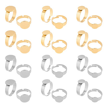 ARRICRAFT 24Pcs 6 Style Adjustable 304 Stainless Steel Finger Rings Components, Pad Ring Base Findings, Flat Round, Golden & Stainless Steel Color, Tray: 8~12mm, US Size 6 1/2(16.9mm), 4Pcs/style