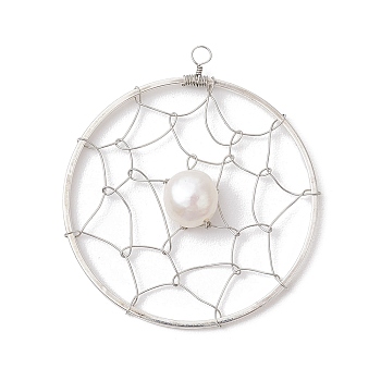 Natural Cultured Freshwater Pearl Pendants, Flat Round Brass Web/Net Charms, Platinum, 40x35.5x6mm, Hole: 2mm