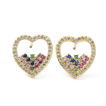 Heart Earrings for Valentine's Day, Brass Micro Pave Cubic Zirconia Stud Earrings, Real 18K Gold Plated, 13.5x13mm, Pin: 0.8mm