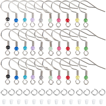 200Pcs 304 Stainless Steel Earring Hooks, French Hooks with Coil and Acrylic Ball, with 300Pcs Jump Rings, 300Pcs Plastic Ear Nuts, Stainless Steel Color, 19.5x18.5mm, Hole: 2mm, 22 Gauge, Pin: 0.6mm