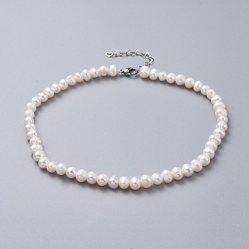 Natural Freshwater Pearl Necklaces, with 304 Stainless Steel Extender Chains and Kraft Paper Cardboard Jewelry Boxes, White, 14.4 inch(36.5cm)