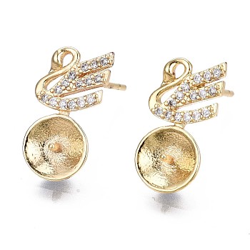 Brass Micro Pave Clear Cubic Zirconia Stud Earring Findings, for Half Drilled Bead, Swan, Real 18K Gold Plated, 15x8mm, Pin: 0.7mm, pin: 1.0mm(for Half Drilled Bead).