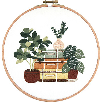 DIY Display Decoration Embroidery Kit, Including Embroidery Needles & Thread, Cotton Fabric, Plants Pattern, 146x153mm