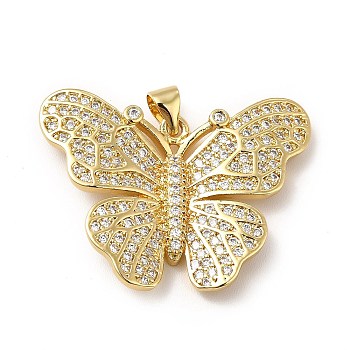Rack Plating Brass Micro Pave Cubic Zirconia Pendants, Cadmium Free & Lead Free, Real 18K Gold Plated, Butterfly Charm, Clear, 32x24x4mm, Hole: 3.5x5mm