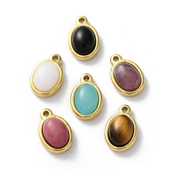 Ion Plating(IP) 304 Stainless Steel Pave Natural Mixed Gemstone Oval Charms, Real 18K Gold Plated, 12x8x4.5mm, Hole: 1.2mm