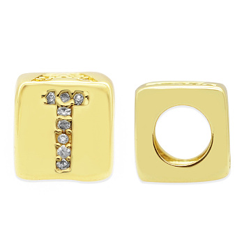 Brass Micro Pave Clear Cubic Zirconia European Beads, Cube with Letter, Letter.T, 8.5x8.5x8.5mm, Hole: 5mm, 3pcs/bag