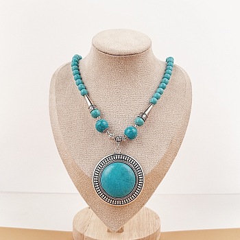 Vintage Alloy with Dyed Synthetic Turquoise Bohemian Flat Round Pendant Round Beaded Necklaces for Women, Antique Silver, Blue, 19.69 inch(50cm)