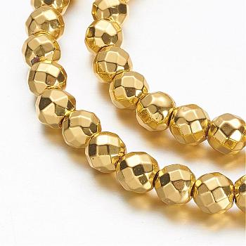 Non-magnetic Synthetic Hematite Beads Strands, Grade A, Faceted, Round, Golden Plated, 6mm, Hole: 1.1mm, about 72pcs/strand, 15.7 inch