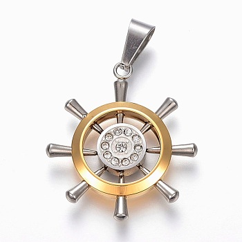 304 Stainless Steel Rhinestone Pendants, Helm, Golden & Stainless Steel Color, 33x29x4mm, Hole: 5x10mm