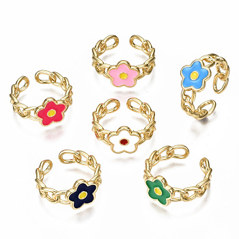 Brass Enamel Cuff Rings, Open Rings, Nickel Free, Curb Chain, Flower, Real 16K Gold Plated, Mixed Color, US Size 8 3/4(18.7mm)
