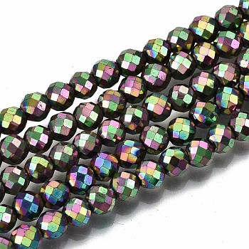 Electroplate Non-magnetic Synthetic Hematite Beads Strands, Round, Faceted, Camellia, 4mm, Hole: 1mm, about 108pcs/strand, 15.67 inch~15.91 inch(39.8cm~40.4cm)