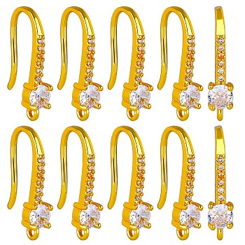 10 Pairs Brass Micro Pave Clear Cubic Zirconia Earring Hooks, Ear Wire, with Horizontal Loops, Golden, 18mm, Hole: 1.2mm, Pin: 1mm