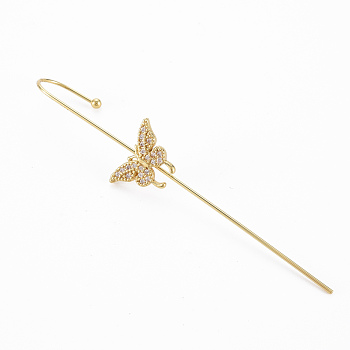 Butterfly Stud Earring, Brass Micro Pave Cubic Zirconia Ear Wrap Crawler Hook Earrings, Earcuffs for Her, Nickel Free, Real 16K Gold Plated, 70mm, Pin: 1mm
