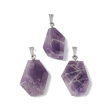 Natural Amethyst Pendants, Faceted Polygon Charms, with Stainless Steel Color Plated 201 Stainless Steel Snap on Bails, 21~29x16~23x6~8mm, Hole: 2x7mm