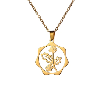 Stainless Steel Pendant Necklace, Golden, December Holly, 16.14~19.69 inch(41~50cm) 