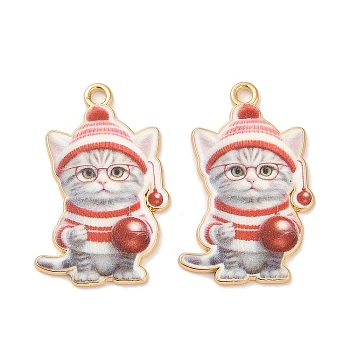 Christmas Alloy Enamel Pendants, Long-Lasting Plated, Golden, Cat Charm, Red, 30.5x19x1.5mm, Hole: 2mm
