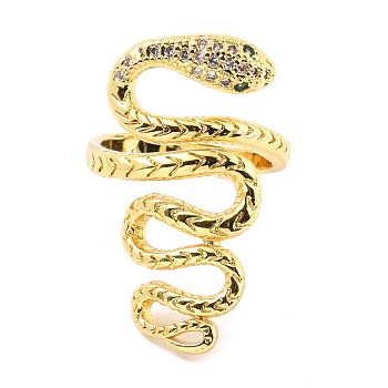 Brass Micro Pave Cubic Zirconia Cuff Rings, Long-Lasting Plated, Snake, Real 18K Gold Plated, US Size 6 1/4(16.7mm)