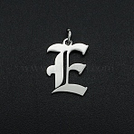 Non-Tarnish 304 Stainless Steel Pendants, with Jump Ring, Old English, Letter, Laser Cut, Stainless Steel Color, Letter.E, 16x12x1mm, Hole: 3mm(A-STAS-R111-JA565-E)
