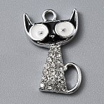 Alloy Enamel Pendants, with Rhinestone, Cat Charm, Platinum, Black, 21.5x13x2.5mm, Hole: 1.8mm(ENAM-WH0065-25P-03)