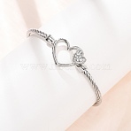 304 Stainless Steel Crystal Rhinestone Heart Cuff Bangles for Women, Stainless Steel Color, Inner Diameter: 2.28 inch(5.8cm)(SA-CBA2192-06P)