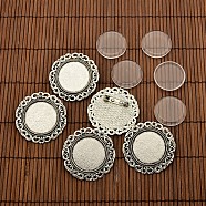 25mm Transparent Glass Cabochons and Flat Round Tibetan Style Brooch Cabochon Settings, Cadmium Free & Nickel Free & Lead Free, Antique Silver, Cabochon Settings: 39mm, Tray: 25mm, Pin: 0.8mm(DIY-X0188-AS-NR)