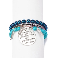 3Pcs 3 Style Synthetic Turquoise(Dyed) & Hematite Stretch Bracelets Set, Feather Shape & Word The Love Between a Grandmother and Granddaughter is Forever Charms Bracelets for Women, Inner Diameter: 2-1/8~2-1/4 inch(5.35~5.8cm), 1Pc/style(BJEW-JB08589)