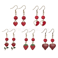 Alloy Enamel & Natural Dyed Mashan Jade Dangle Earrings, 304 Stainless Steel Drop Earrings for Valentine's Day, Mixed Shape, Red, 44~51x10~11mm(EJEW-JE05327)