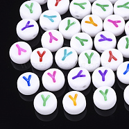 Initial Acrylic Beads, Horizontal Hole, Flat Round, Mixed Color, Letter.Y, 7x3.5~4mm, Hole: 1.2mm, about 3700pcs/500g(OACR-E001-20Y)