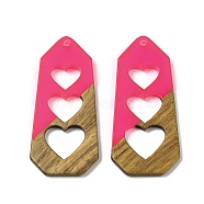 Resin and Walnut Pendants, Teardrop with Hear, for Valentine's Day Gift, Hot Pink, 47x21.5x3mm, Hole: 1.8mm(WOOD-I013-06B)