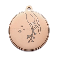 304 Stainless Steel Pendants, Flat Round with Hand, Rose Gold, 28x25x1.4mm, Hole: 2mm(STAS-C032-01RG)
