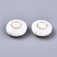 Natural Freshwater Shell Beads, with Golden Plated Brass Etched Metal Embellishments, Flat Round, Seashell Color, Letter.O, 8x3~5mm, Hole: 0.5~07mm(SHEL-S266-12O)