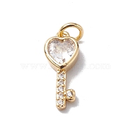Brass Cubic Zirconia Pendants, Cadmium Free & Lead Free, Real 18K Gold Plated, Long-Lasting Plated, with Jump Ring, Heart Key Charm, Clear, 15x6x4mm, Hole: 3mm(KK-E003-12G)