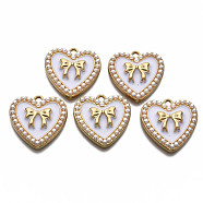 Alloy Enamel Pendants, Light Gold, with ABS Plastic Imitation Pearl, Cadmium Free & Nickel Free & Lead Free, Heart with Bowknot, White, 21.5x21.5x4.5mm, Hole: 1.8mm(ENAM-T011-111B-NR)