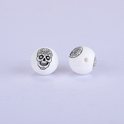 Printed Round with Skull Pattern Silicone Focal Beads, White, 15x15mm, Hole: 2mm(SI-JX0056A-196)