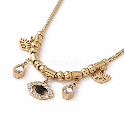 Jet Rhinestone Pendant Necklace with 304 Stainless Steel Round Snake Chains for Women, Golden, Horse Eye Pattern, 15.94 inch(40.5cm)(NJEW-P269-09B-G)