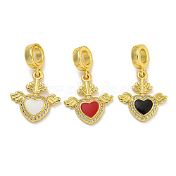 Rack Plating Brass Enamel European Dangle Charms, Clear Cubic Zirconia Wing Heart Large Hole Pendants, Real 18K Gold Plated, Long-Lasting Plated, Cadmium Free & Lead Free, Mixed Color, 27mm, Hole: 5mm(KK-I718-26G)