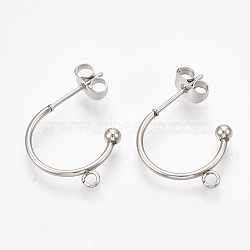 304 Stainless Steel Stud Earring Findings, Half Hoop Earrings, with Loop and Ear Nuts/Earring Backs, Stainless Steel Color, 18x19x3mm, Hole: 1.6mm, Pin: 0.8mm(X-STAS-T047-21)