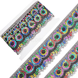 4~4.5M Ethnic Style Polyester Lace Trim with Colorful Paillette, Sparkle Embroidery Lace Ribbon, Sun Pattern, with 1Pc Thread Bobbins White Cards, Black, 2-3/8 inch(60mm)(OCOR-GF0002-39A)